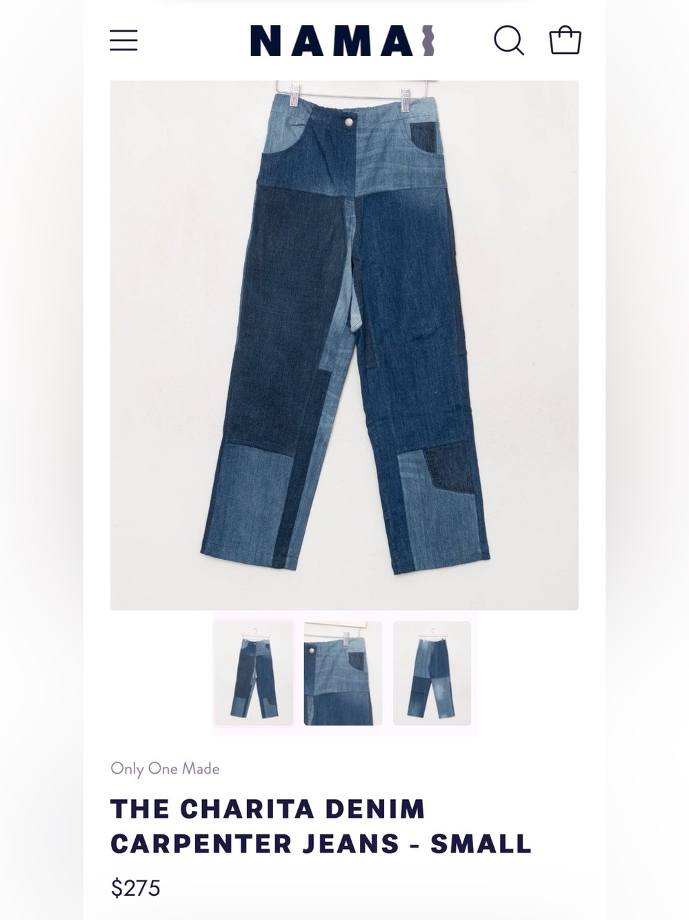 NWOT Namai Charita Denim Patchwork Carpenter Jeans women’s size S Retail $275